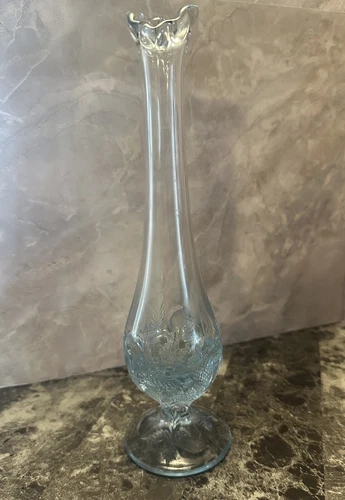Fenton Art Glass Bud Vase Ice Blue Strawberry Leaf  Pattern Vintage 9.75”
