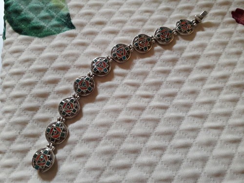 Broche Articulée Vintage Péruvienne - Argent Et Perles De Verre - Thème Poissons Et Paons