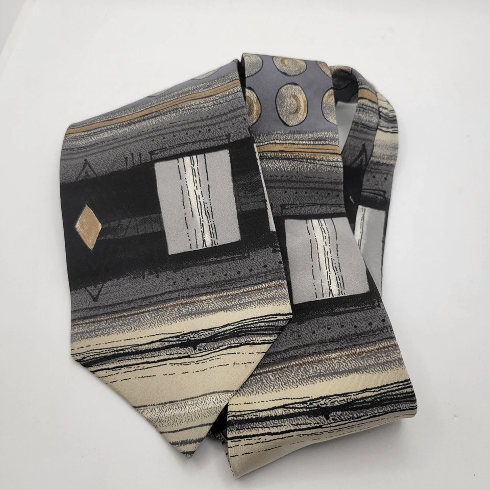 Gravata masculina Gianfranco Ruffini 100% preta cinza seda geométrica 58" x 3,75 - Imagem 4 de 4