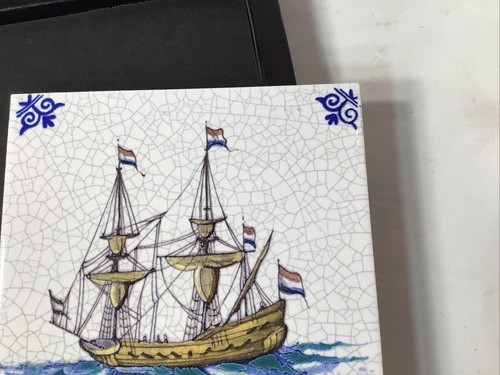 Azulejo pintado a mano Delft amarillo velero 5” X 5” en caja original ~ Holanda - Imagen 23 de 24