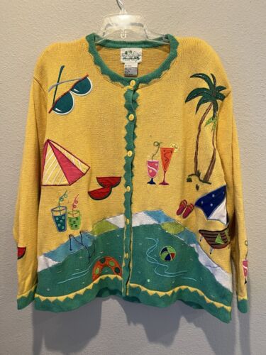 Quacker Factory Yellow Cardigan Sweater Beach Appliques Embroidered Women’s 2X - Picture 2 of 14