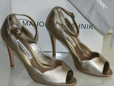 Escarpins Manolo Blahnik Flanga 105 - Cuir Métallisé Platine Or, Taille 39.5, Peep Toe, Neuf Avec Boîte
