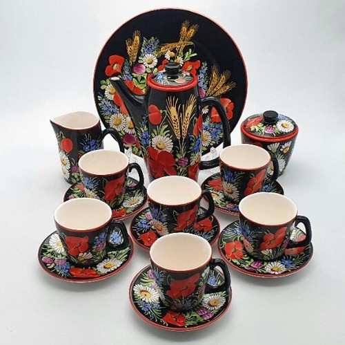 Vintage 1930's Chodovia Slovakian Coffee Set Floral Black Pot Cups Porcelain - 第 1/24 張圖片