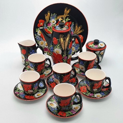 Vintage 1930's Chodovia Slovakian Coffee Set Floral Black Pot Cups Porcelain  - Picture 1 of 24