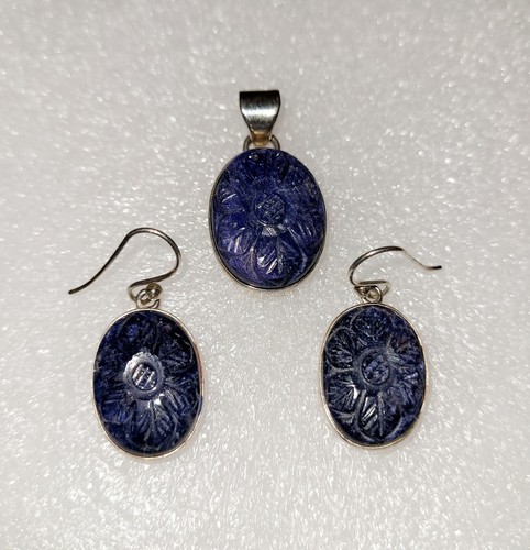 Samuel Benham BJC Carved Natural Blue Sapphire Sterling Jewelry Set Signed RARE - Picture 8 of 9