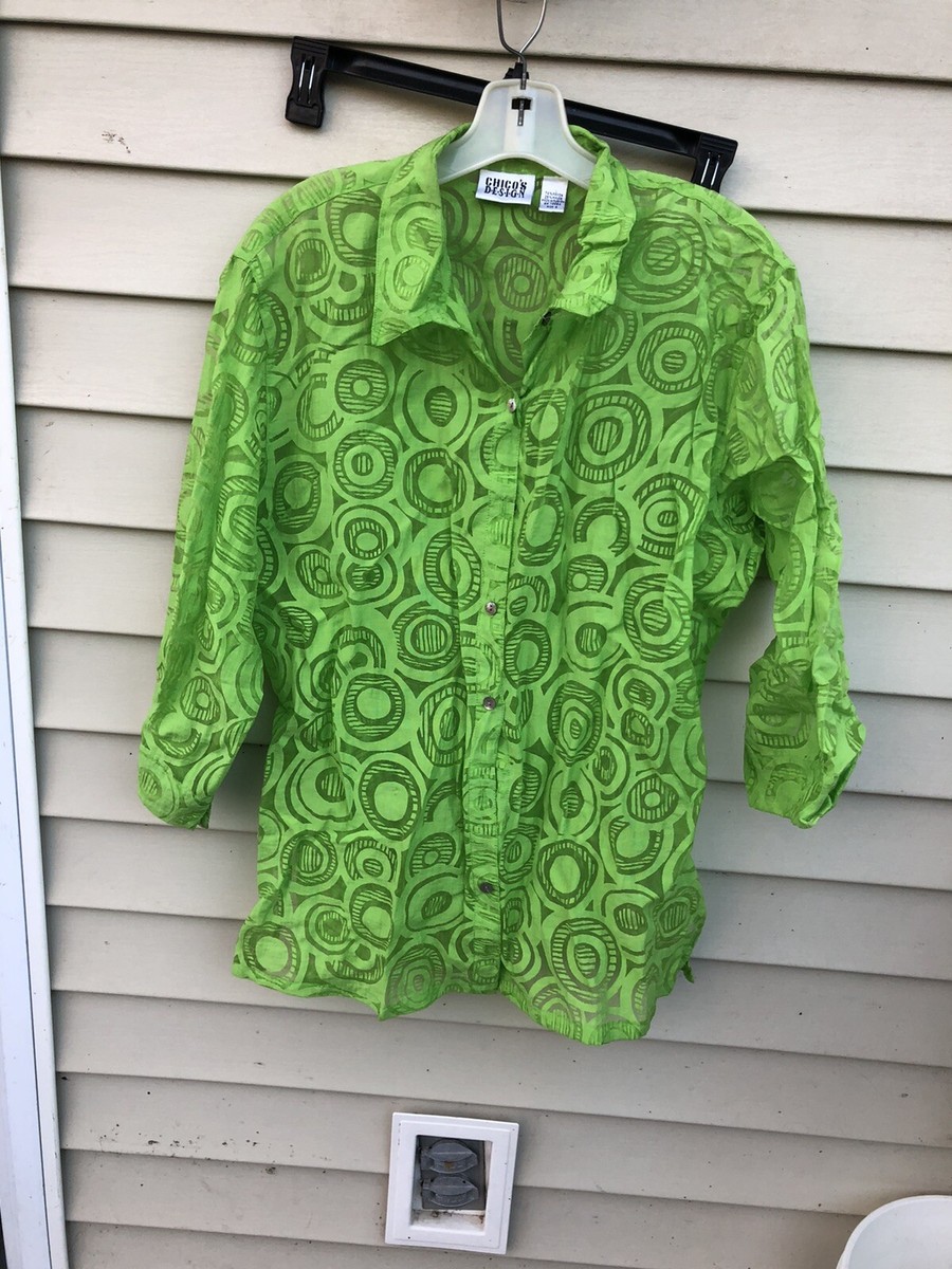 Chicos Design Vintage 90s Sheer Shirt Green Button Down