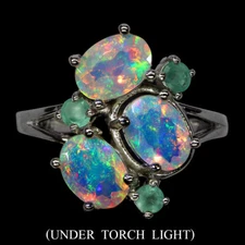 925 Sterling Silver Ring Oval Fire Opal 7x5mm Emerald Gemstone Jewelry