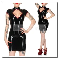 Latex Catsuit Dress Collared Sexy Bodycon Rhombic Cutting Back Zip 0.4mm D221