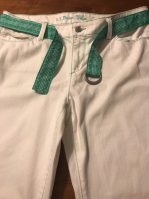 L.L. Bean Women's Jeans Belted White Bootcut Stretch Green Stitched Size 14