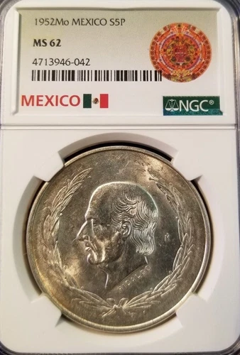 1952 MEXICO SILVER 5 PESOS HIDALGO NGC MS 62 NICE LUSTER SCARCE DATE !!!