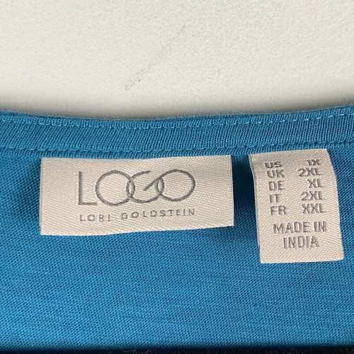 LOGO Lori Goldstein 3/4 Sleeve Embroidered Neck Peplum Top Plus 1X Blue - Picture 4 of 11