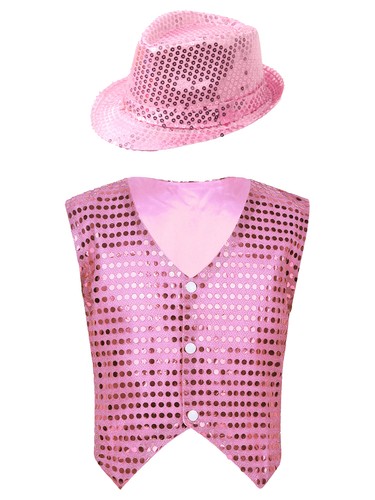 UK Boys Girls Sequins Vest Hip-Hop Street Dance Shirt Waistcoat Jacket with Hat - Picture 63 of 106