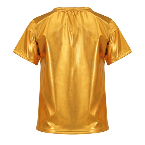 Kids Girls Shiny Metallic T-Shirts Round Neck Short Sleeve Dance Tops - Picture 18 of 71