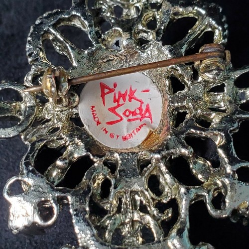 Vintage PINK SODA Ornate Clear Silver Stone Brooch with Rhinestones 3" - Picture 3 of 10