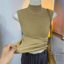 Lady Sleeveless Jumper Shirt Mock Neck Vest Tank Top Knitted Sweater Slim Top