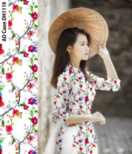 White Ao Dai Vietnamese Lua My Silk in 3D Long Dress with Pants #0252