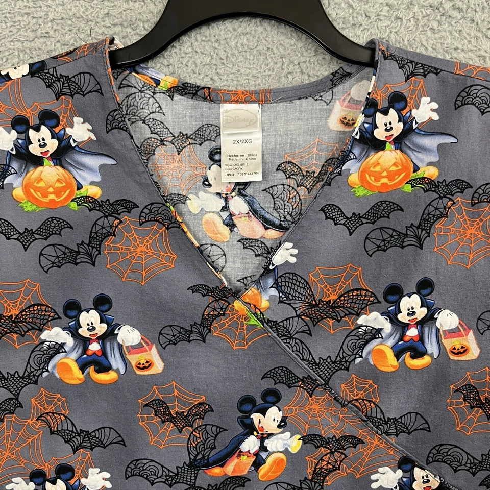 Disney Mickey Mouse Halloween Scrub Top Womens 2X Pockets Back Waist Cinch Tie - Image 3 of 4