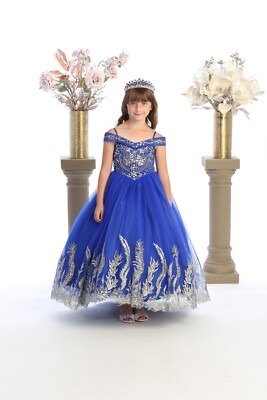 Girls Royal Blue and gold dress with drop down shoulder straps and corset |  eBay