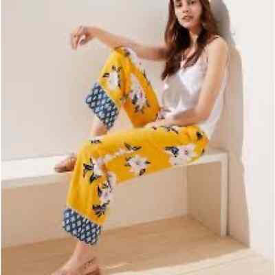 Pantalones Palazzo para mujer LOFT amarillos florales con liga trasera  plana frente ancha pierna ancha S