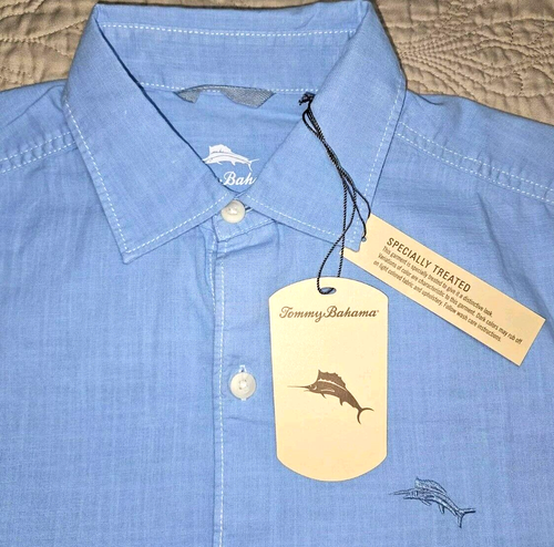 NEW TOMMY BAHAMA, MEN'S SMALL, BIG SKY BLUE BUTTON-UP CAMP SHIRT, MSRP $99.50!