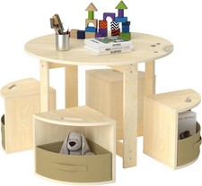 Puecrof Kids Table and Stool Set  Storage Space - Round Wooden Seating  NEW