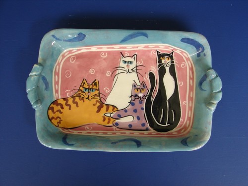 Vintage Hand Painted 4 Cute Cats Pottery tray Jeanne Drevas Artist Signed - Picture 2 of 8