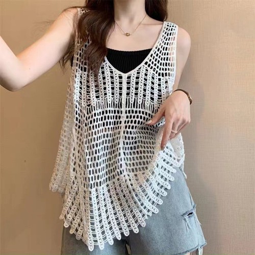 Sleeveless Knit Vest Women Summer Hollow Out Loose Fit Fashion Retro Tank Top - Picture 7 of 24