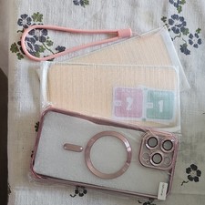 Pink Glitter Magnetic Back Case with Strap & Screen Protector for iPhone 16 Pro.