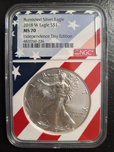 2018 W BURNISHED SILVER EAGLE NGC MS70 INDEPENDENCE DAY EDITION FLAG CORE 