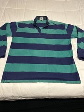 Vintage Izod Lacoste Rugby Shirt Mens L Green Navy Striped Long Sleeve 90s Polo