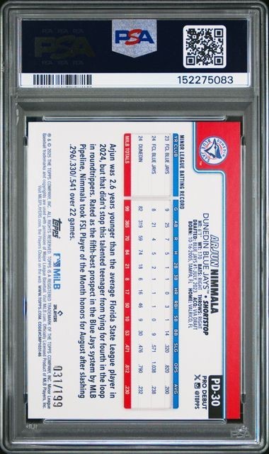 2025 Topps Pro Debut - Arjun Nimmala #PD-30 Fuchsia Foil 31/199 (RC) PSA 9 view 2