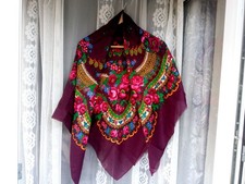 Vintage woolen thin large burgundy shawl with a floral print of the USSR
