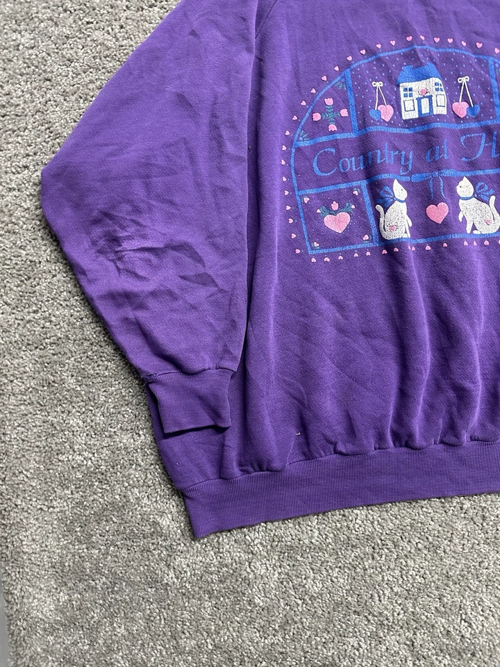 Corazón de gato Country Heart vintage años 80 cuello redondo envejecido púrpura corte raglán XXL 2X Foto 2 de 4