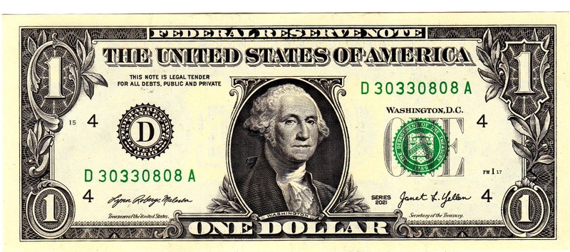 $1 2021 Fancy Serial  Uncirulated CU D30330808A
