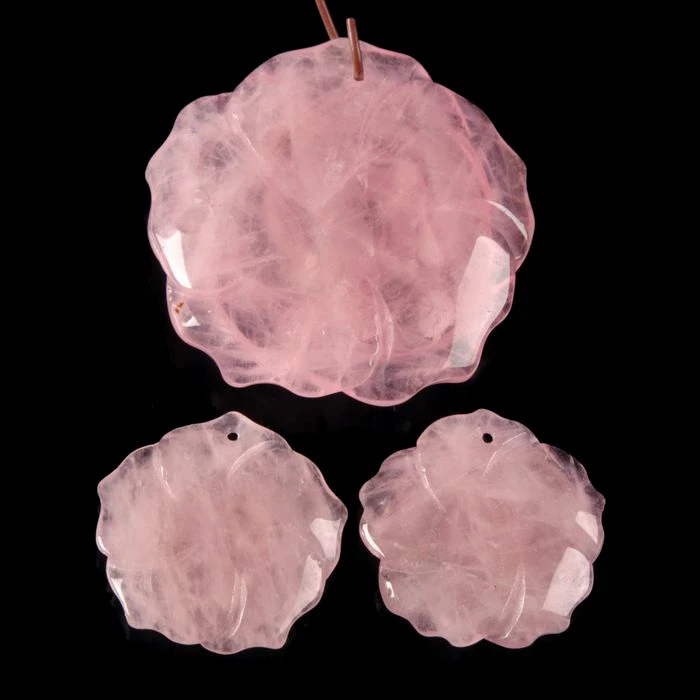 g0869 Carved rose quartz flower pendant beads set - Image 2 of 2