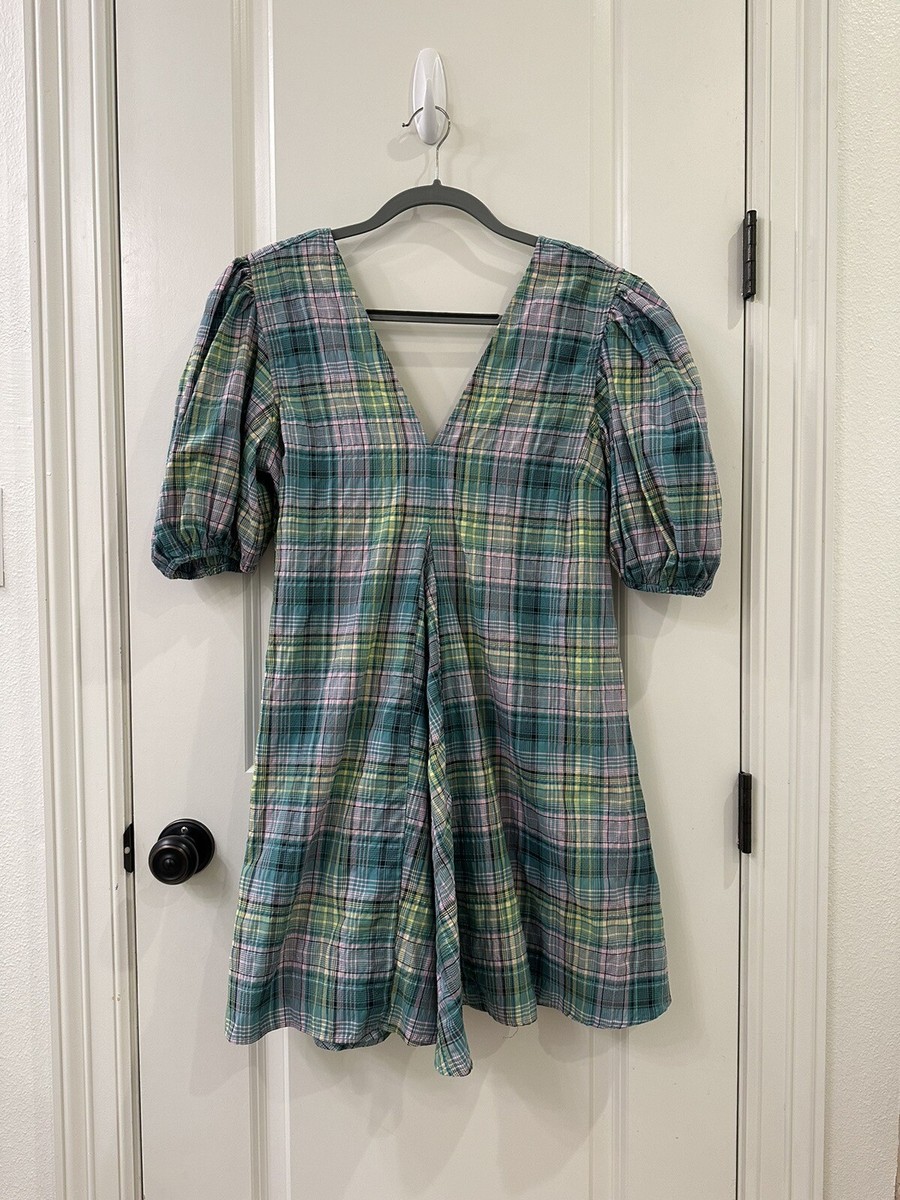 GANNI Check Seersucker Dress V-Neck Check Plaid Size US 36 EU