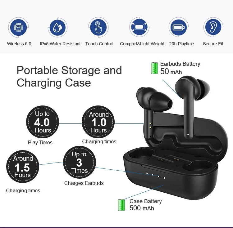 True 无线 立体声耳机 蓝牙 5.0 15 小时 电池续航时间 清晰通话 — 第 3/4 张图片