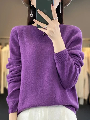 100% Reine Wolle Kaschmir Damen O-Ausschnitt Einfarbig Neu Langarm Pullover - Bild 13 von 38