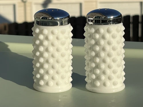 Vintage Fenton Milk Glass Hobnail Salt & Pepper Shakers Including Original Label