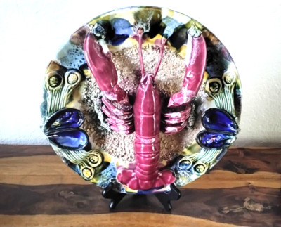 Rare 13'' J. Willfred Realistic Portuguese Palissy Hanging Majolica Lobster Plate