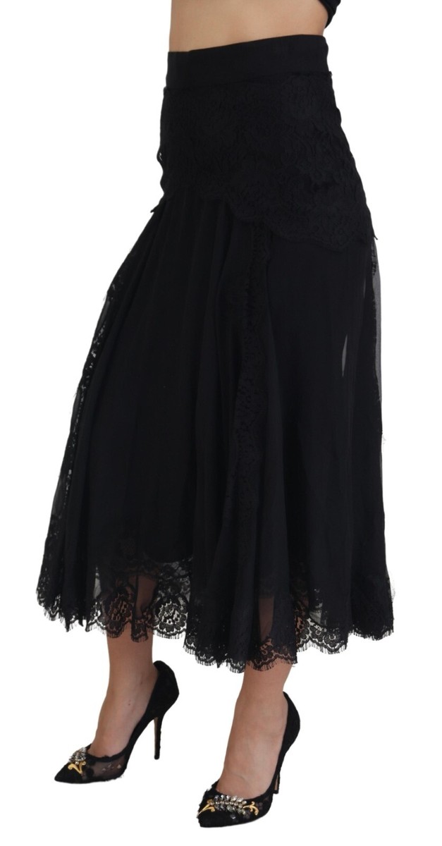 DOLCE & GABBANA Skirt Black Silk Lace Trim High Waist Midi