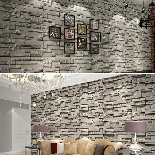 3D Slate Dark Grey Realistic Stone Brick Wallpaper Effect Textured Wall