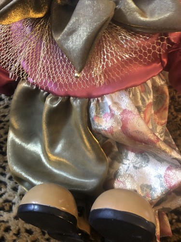 Vtg Pierrot Huge 20” Harlequin Clown Doll Porcelain Head Painted Face Gold Red - Picture 4 of 12