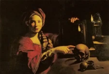 Oil painting Trophime Bigot - Allegory of Vanity female with skull on table art