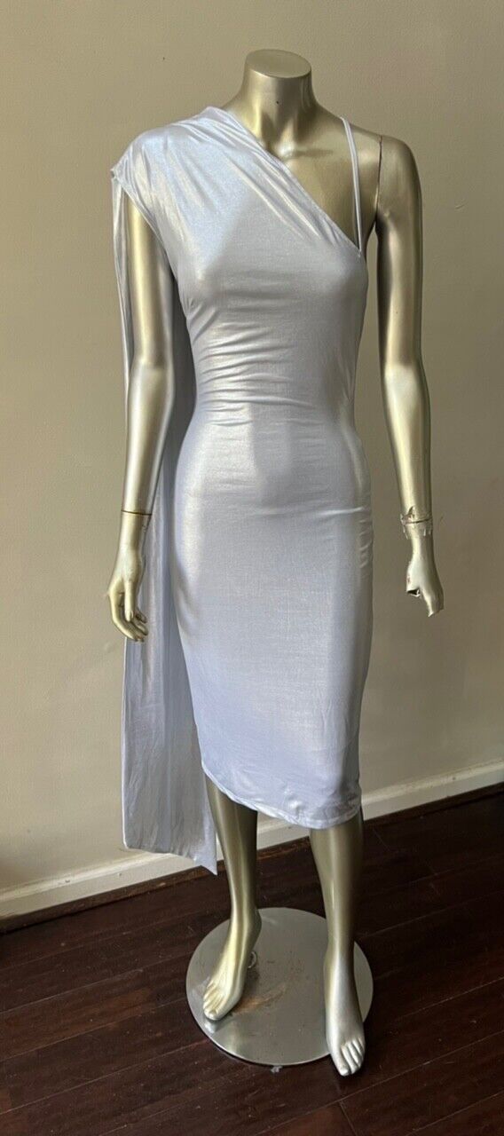 Designer Lamé Silver Halter Sheath Party Midi Sas… - image 1