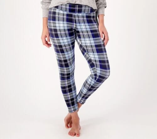 Cuddl Duds Double Plush Velour Leggings-Blue Plaid-XL-NEW-A293100