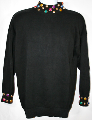 Vintage 80's Liptons Black Cotton Pullover Sweater w/ Jewel Accents Women Size L