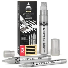 ARTEZA Mirror Chrome Marker Set 3 Pack 2.9mm 5mm & 15mm Nibs Hi-Gloss Silver ...
