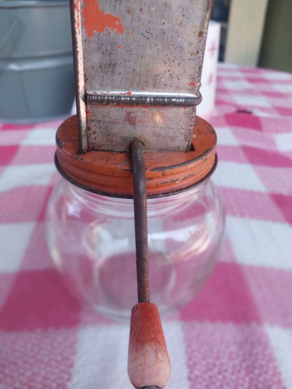 Antique Nut Grinder With Wooden Handle Flower Motif With A Glass Jar