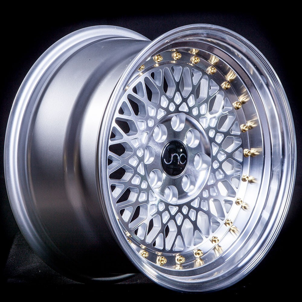 JNC Wheels Rim JNC031 Silver Machined Face Gold Rivets 15x8 4x100 4x114 